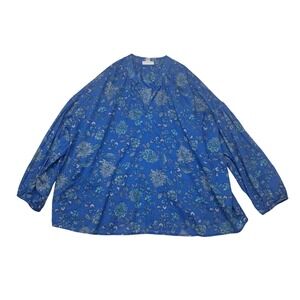 J. Jill‎ Oversized Split Neck Top Women's Medium Blue Floral Puff Sleeve